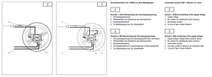 Schematisk illustration av anslutningsvarianter för rökdetektorer med engelsk och tysk text.