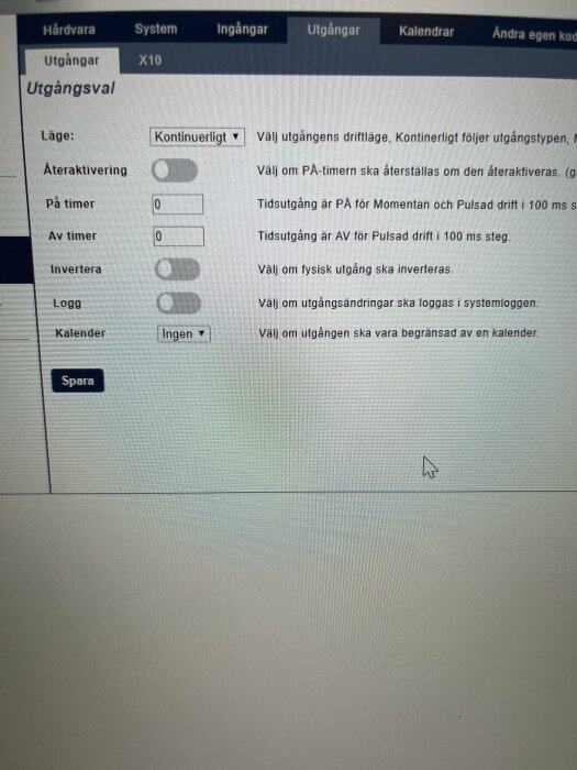 Skärmdump av gränssnitt för systeminställningar med text på svenska, belyser konfigurationsalternativ för utgångssignaler.