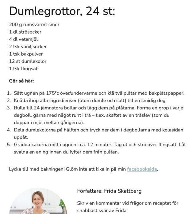 Recept på Dumlegrötter, ingredienser, bakinstruktioner, kvinnas foto, Facebooksidan nämns, 24 stycken.