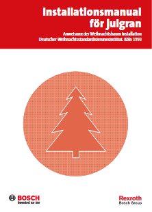 Installationsmanual för julgran, röd bakgrund, vit granikon, Bosch Rexroth-logotyper, tysk text, stilfull design.