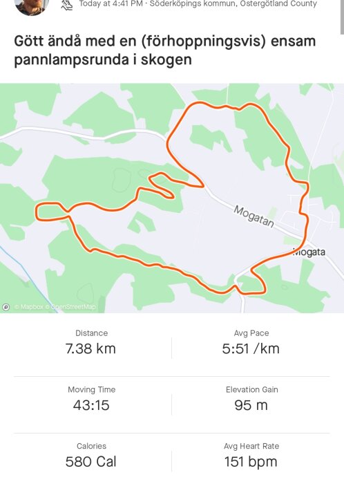 Skärmdump av träningsapp visar löprunda på 7.38 km, tid och kaloriförbrukning, med karta.