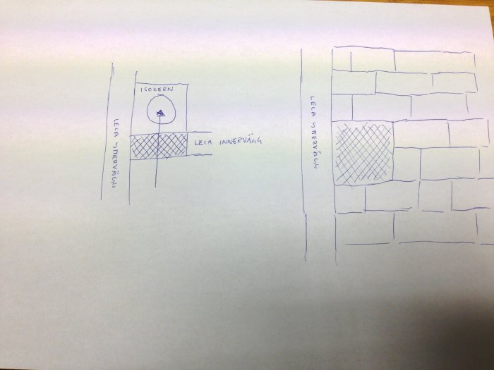 Hand-drawn diagram of wall construction with labeled sections: "Leca yttervägg," "Leca innervägg," and "Isokern." Includes crosshatched area and a triangle within a circle.
