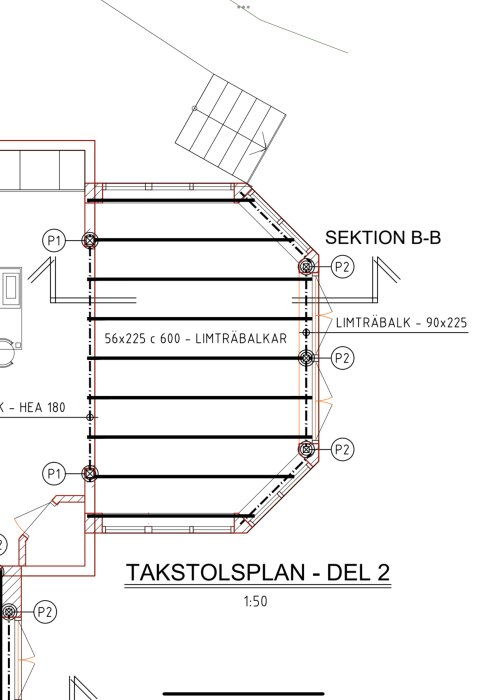 Arkitektonisk ritning, takstolsplan, sektion B-B, limträbalkar, skala 1:50, konstruktionsdetaljer.