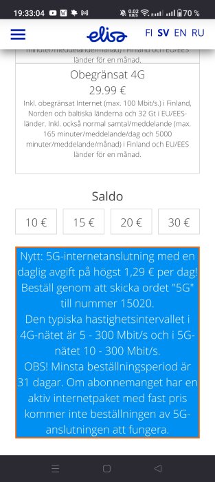 Skärmavbild av mobiltelefon som visar mobiloperatörens webbsida med prisplaner och 5G-uppgraderingsalternativ.