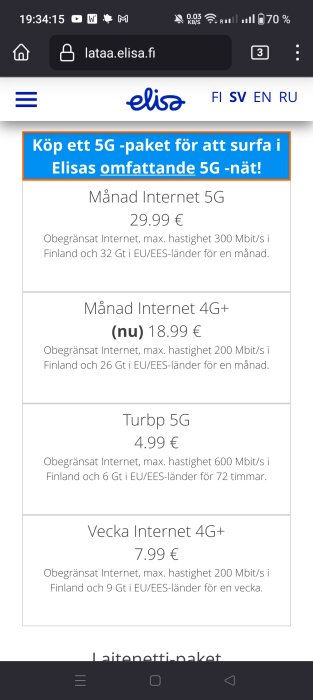 Skärmdump av mobilwebbsida som erbjuder olika datapaket för internet, inklusive 5G och 4G+, på svenska.
