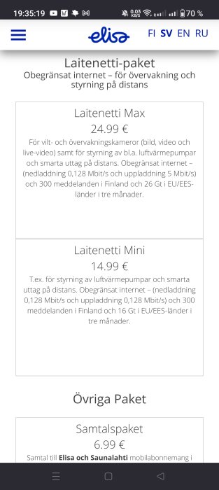 Skärmbild av Elisa webbsida som visar internetpaket och priser för fjärrövervakning och styrning.