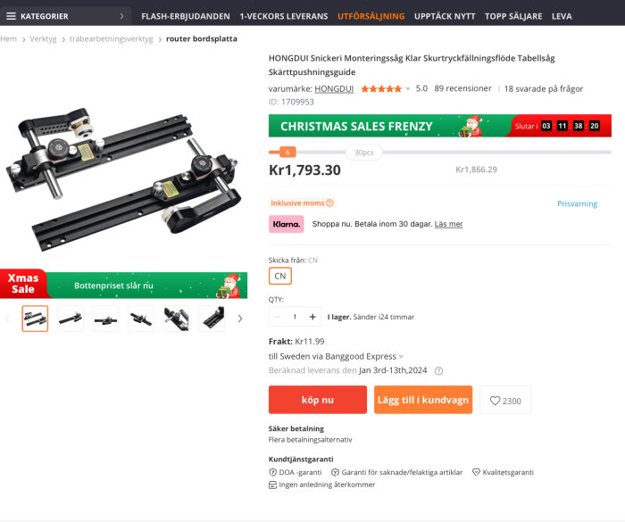 Webbsida med produkt, snickeri monteringssåg, julrea, kundrecensioner, köpknapp, leveransinformation, och tidsnedräkning.