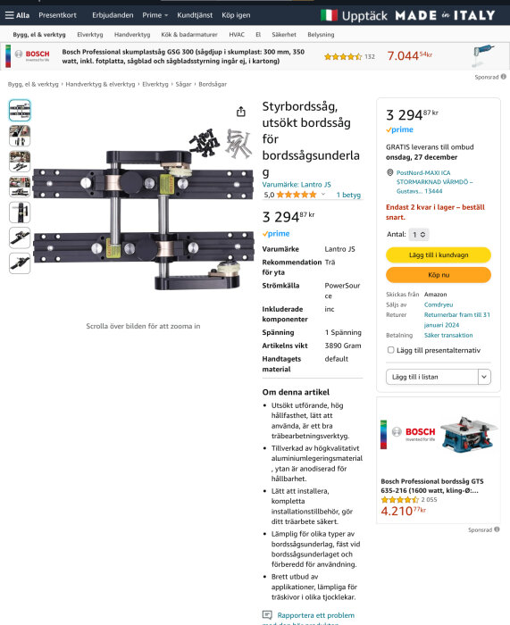 Webbsida som visar en Bosch styrbordssåg till salu med pris och produktinformation.