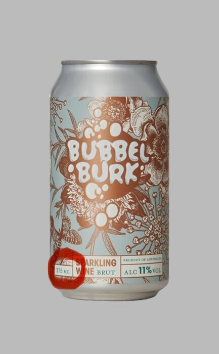 Aluminiumburk med blomdesign. Märkt "Bubbel & Burk", mousserande vin, 375ml, 11% alkohol, produkt från Australien.