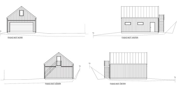 Arkitektoniska ritningar, fyra fasader, byggnad, garage, fönster, entrédörr, skorsten, trappa, detaljer, orienteringar (norr, söder, väster, öster).