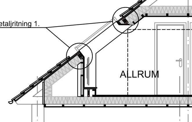 Arkitektonisk ritning, detaljskiss av byggkonstruktion, snitt av trapp och allrum, tekniska markeringar och måttangivelser.