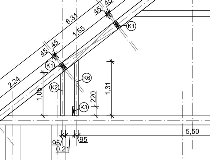 Teknisk ritning; detaljerad konstruktionsplan med mått och markeringar.