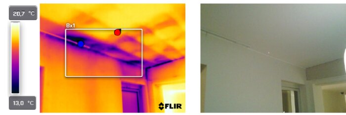 Termisk kamerabild jämfört med standardfoto av rum, visar värmevariationer, potentiell värmeläckage.