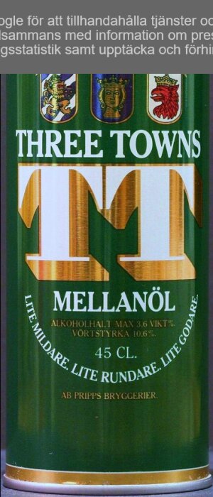 Grön och guld ölburk, "Three Towns", mellanöl, vapensköldar, 3.6% alkohol, 45 cl, Pripps Bryggerier.