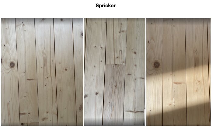 Träpanel med varierande skuggor och ljusintensitet, tre paneler, text "Sprickor" överst.