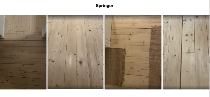 Trägolvvisning i tre paneler med texten "Springor" anger problem med golvplankor som separerat eller spruckit.