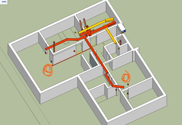 3D-modellering av rörinstallationer i en byggnad, visar värmesystem eller vattenledningar, teknisk design, ingen person.
