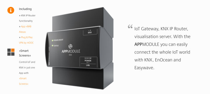 Bild av en IoT Gateway-enhet med funktioner såsom KNX IP Router och visualiseringsserver för att koppla ihop IoT-system.