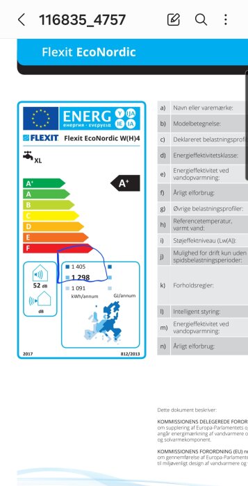 Europeisk energimärkning, Flexit EcoNordic värmepump, energiklass A+.