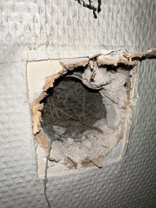Ett hål i en vägg med synliga rör och isolering, skadade omgivningar, tecken på förfall eller skada.