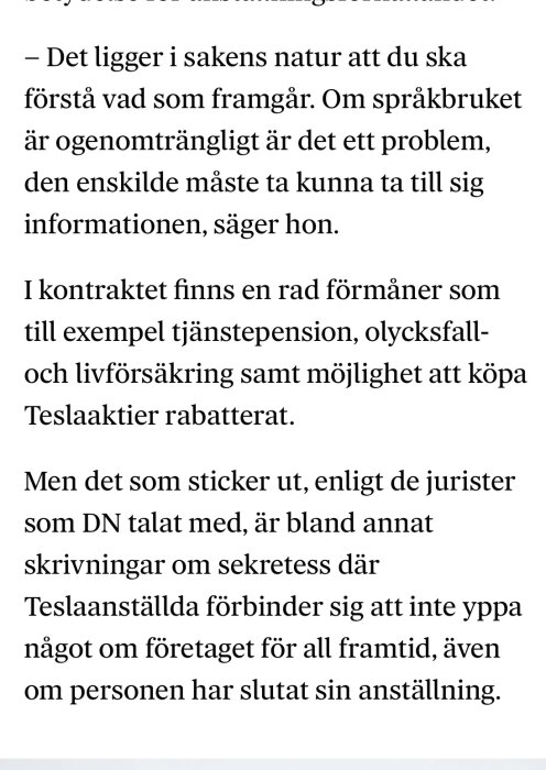 Skärmavbild av text; diskuterar språkbruk, förmåner och sekretess i anställningskontrakt.