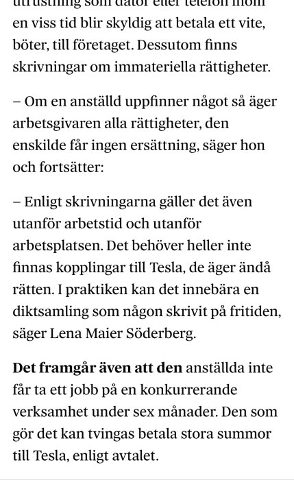 Svensk text om anställda rättigheter, upphovsrätt, böter och restriktioner vid jobbyte relaterat till Tesla.
