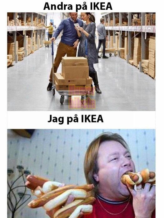 Meme med två bilder: par handlar möbler på IKEA, och person äter många korvar. Jämför shoppingupplevelser.