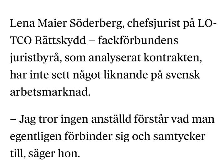 Svensk text om chefjurist, kontraktanalys, unikt för svensk arbetsmarknad, förståelse för anställningsvillkor.