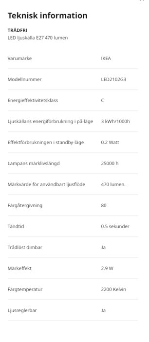 Specifikationer för IKEA TRÅDFRI LED-lampa, energiklass C, livslängd 25000 timmar, dimbar, 470 lumen, 2200 Kelvin.