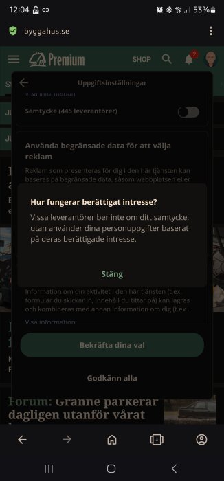 Mobilskärm som visar en cookie-meddelande på en svensk webbplats (byggahus.se).