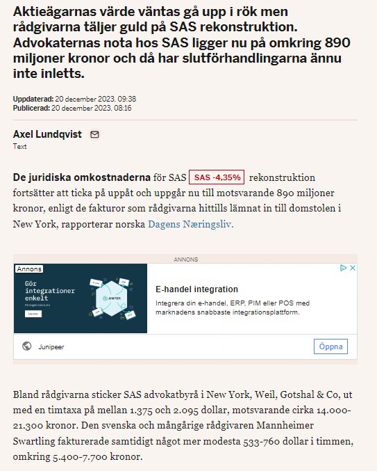 Webbsida visar artikel om SAS rekonstruktion, juridiska kostnader och advokatarvoden med reklam för e-handelsintegration.