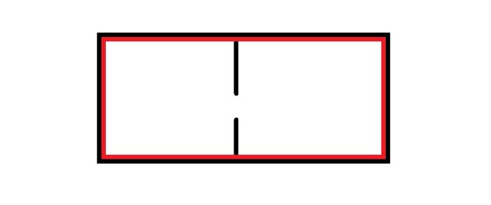 Svart linje delar vit rektangel lika delar, röd kantlinje, vit bakgrund, enkel grafisk illustration.