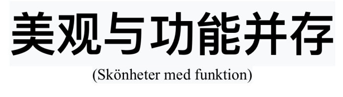 Svart text på vit bakgrund, kinesiska tecken med svensk undertext "Skönheter med funktion". Grafisk design.