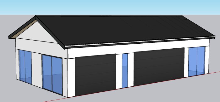 3D-modell av ett modernt hus med platt tak, stora fönster och en garageport.