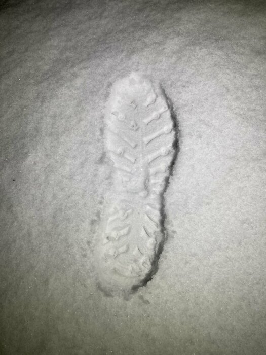 Enstaka fotavtryck i snön, med tydligt mönster, nattetid eller mörk miljö.