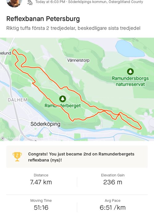 Kartbild av löprunda, Reflexbanan Petersburg, 7.47 km på 51:16 minuter, naturreservat synligt.