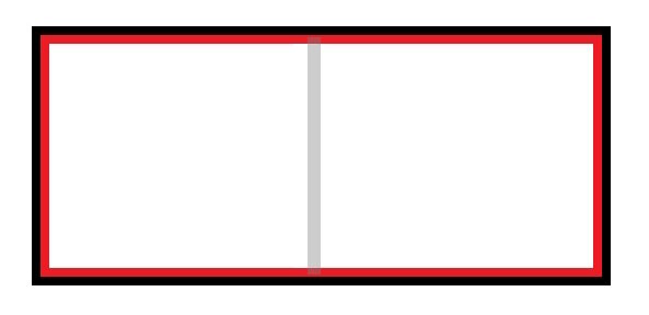Tvådimensionell enkel illustration av en rektangel, delad i mitten, med röd kantlinje.