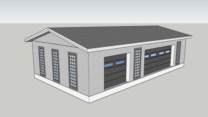 3D-rendering av en minimalistisk byggnad, möjligtvis ett garage, med moderna fönster och två garageportar.