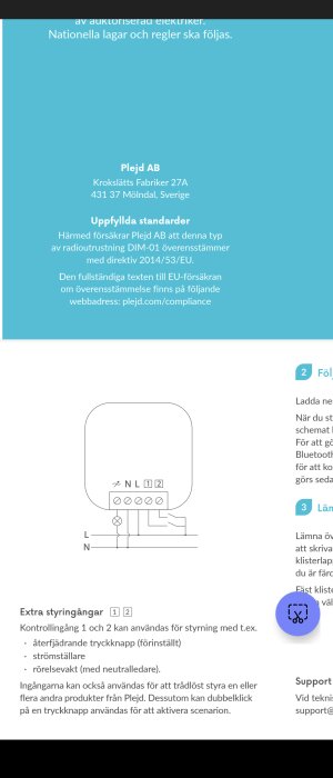 Bild på installationsanvisning för Plejd ABs radioutrustning, inkluderar företagsinfo, standarder, scheman, funktioner.