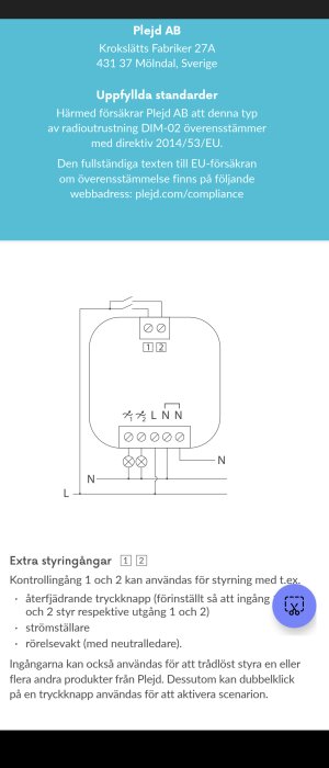 Produktinformation, EU-försäkran, elektriskt schema, kontrollingångar, svenska, Plejd AB, radioutrustning, installationsanvisningar.