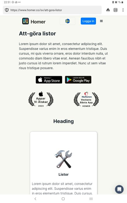 Skärmdump av webbsida med texten "Att-göra listor", placeholder-text "Lorem ipsum", nedladdningslänkar för appar, och utmärkelseikoner.