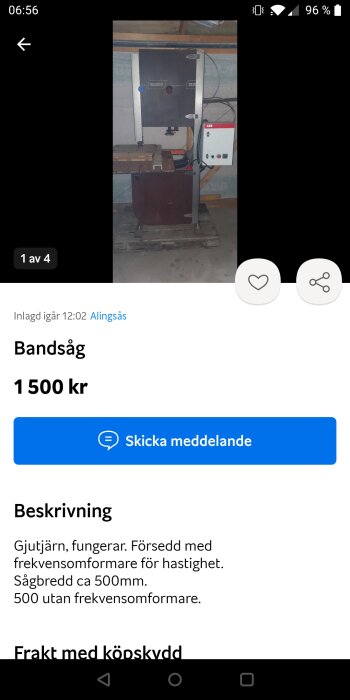 Industriell bandsåg av gjutjärn med frekvensomformare, till salu för 1500 SEK.