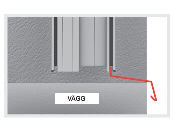 Schematisk illustration av en väggsektion med isoleringsmaterial och märket "VÄGG" nedanför.