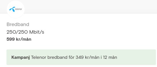 Telenor bredbandsreklam med kampanjpris och hastighetsinformation.