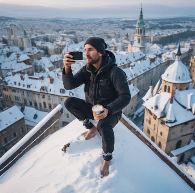 Man tar selfie på snötäckt tak i stadsmiljö med kaffekopp, vinterkläder, mössa.