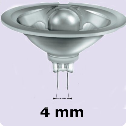 Silverfärgad komponent, möjligen en kondensator eller sensor, med tre ben och mätmarkering på 4 millimeter.