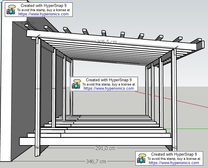 3D-ritning av pergola med mått, skapad i HyperSnap 9, vattenmärkt.