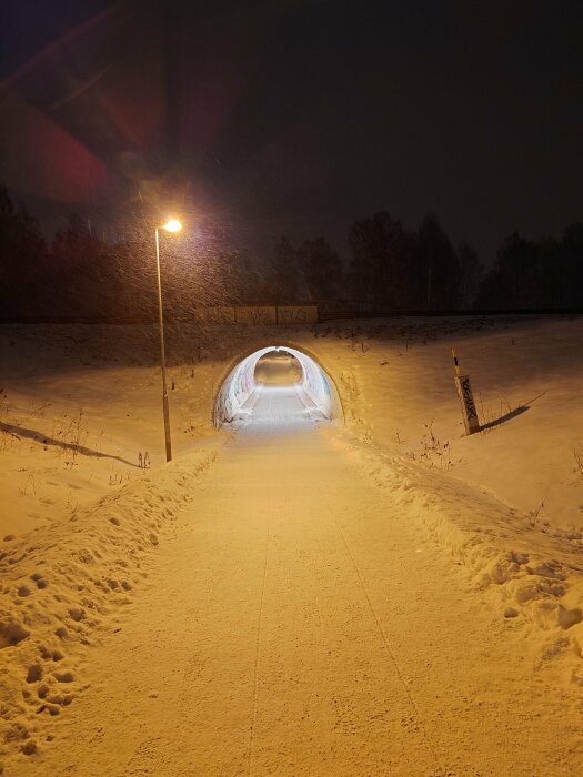 Belyst gångväg leder till snötäckt tunnel under natten, omgiven av snö och mörka träd.