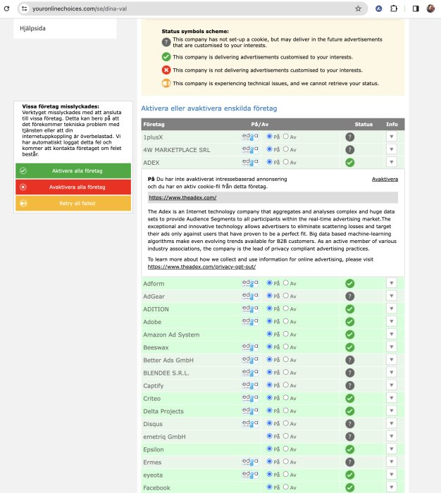 Skärmbild av webbsida för att hantera reklamcookie-inställningar, med företagslista och statussymboler.