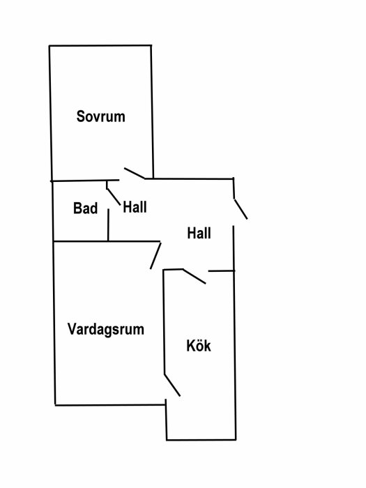 Enkel ritning av en lägenhetsplan med sovrum, badrum, hall, vardagsrum och kök markerade.